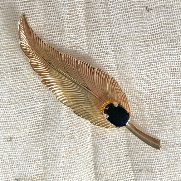 Vintage 12k GF Burt Cassell Signed Feather Brooch w/ Black Gemstone - Picture 5 of 7